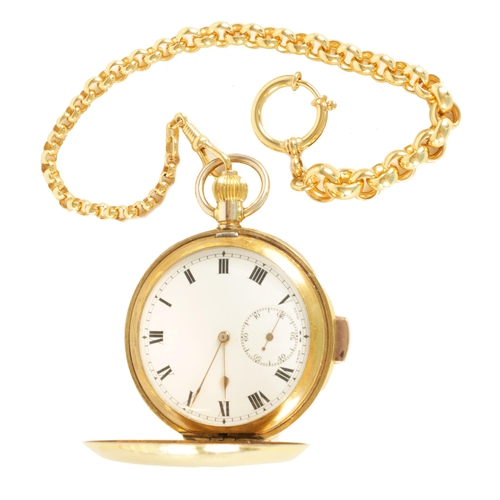 336 - AN EARLY 20TH CENTURY GOLD FILLED FULL HUNTER QUARTER REPEATING POCKET WATCH WITH MATCHING GUARD CHA... 