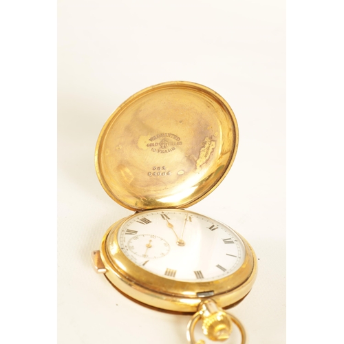 336 - AN EARLY 20TH CENTURY GOLD FILLED FULL HUNTER QUARTER REPEATING POCKET WATCH WITH MATCHING GUARD CHA... 