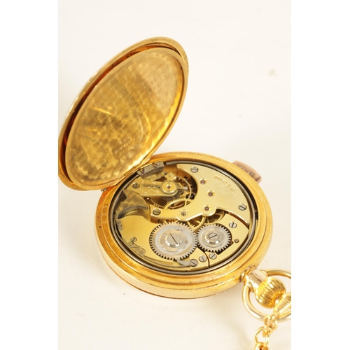 336 - AN EARLY 20TH CENTURY GOLD FILLED FULL HUNTER QUARTER REPEATING POCKET WATCH WITH MATCHING GUARD CHA... 