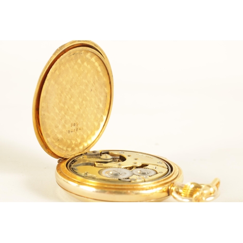 336 - AN EARLY 20TH CENTURY GOLD FILLED FULL HUNTER QUARTER REPEATING POCKET WATCH WITH MATCHING GUARD CHA... 