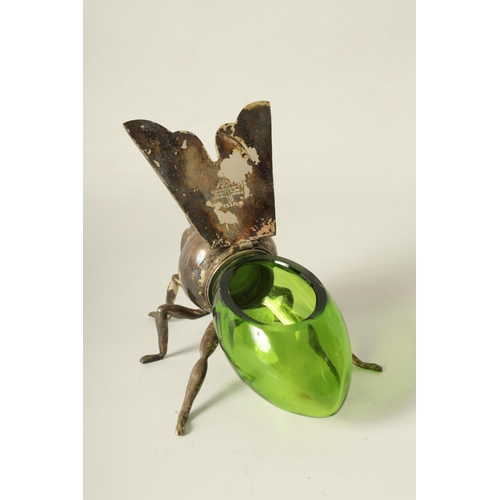 338 - A 1920'S MAPPIN AND WEBB NOVELTY HONEY POT modelled as a bee with green glass body and hinged silver... 