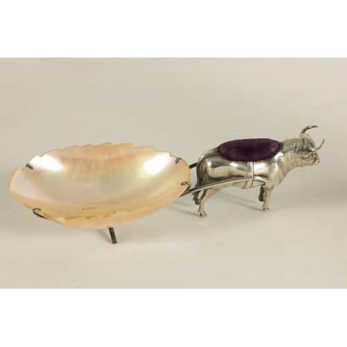 339 - AN UNUSUAL EDWARD VII SILVER AND MOTHER OF PEARL PIN CUSHION modelled as an Ox pulling a cart - hall... 