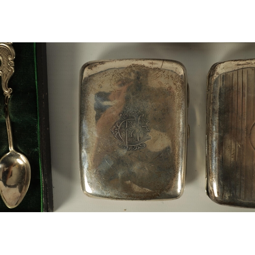 345 - TWO BOXED COLLECTIONS OF SIX SILVER TEASPOONS, THREE SILVER CIGARETTE CASES AND THREE SILVER NAPKIN ... 