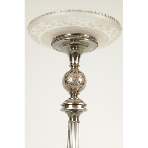 349 - A 19TH CENTURY SILVER PLATED THREE PIECE GARNITURE EPERGNE the tall centrepiece with etched glass to... 