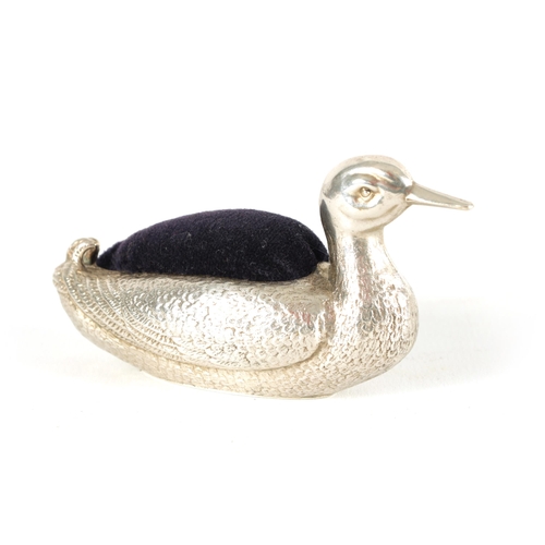 351 - A RARE EDWARD VII SILVER PIN CUSHION IN THE FORM OF A DUCK by Sampson Mordan Co, Chester 1905. (8.5c... 