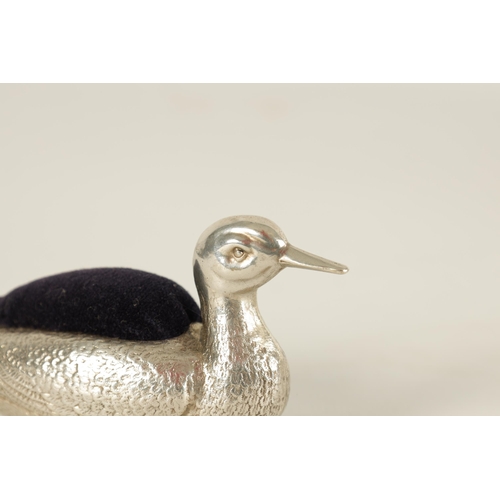 351 - A RARE EDWARD VII SILVER PIN CUSHION IN THE FORM OF A DUCK by Sampson Mordan Co, Chester 1905. (8.5c... 