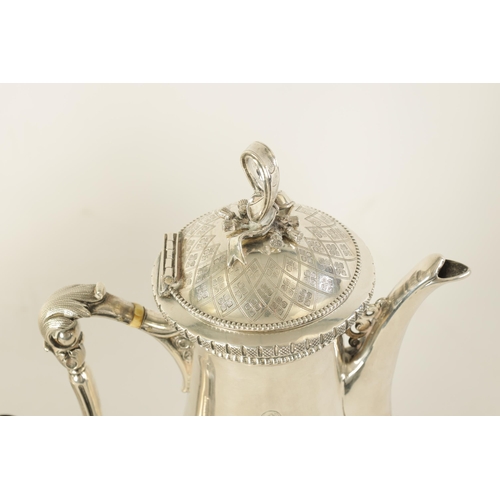 353 - A 19TH CENTURY CONTINENTAL SILVER THREE PIECE TEA SERVICE the engraved domed lids with ribbon and ta... 