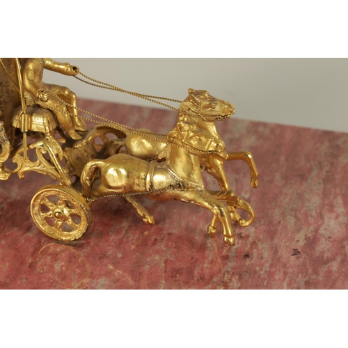 354 - A 19TH CENTURY FRENCH SILVER GILT MODEL OF A COACH AND HORSES WITH RIDER mounted on a veined pink ma... 