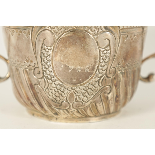 355 - A WILLIAM AND MARY BRITTANIA STANDARD SILVER PORRINGER BY JOHN CORY, LONDON with scrolled dated cart... 