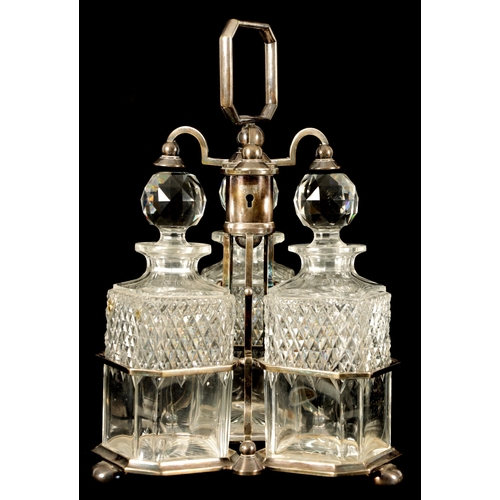 358 - AN UNUSUAL LATE 19TH CENTURY SILVER PLATED THREE BOTTLE BERESFORD'S PATENT TANTALUS having rotating ... 