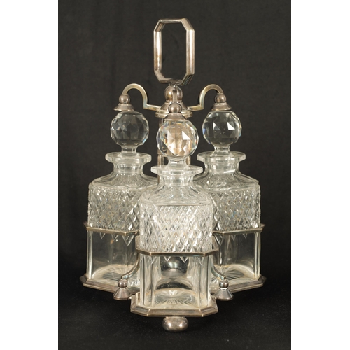 358 - AN UNUSUAL LATE 19TH CENTURY SILVER PLATED THREE BOTTLE BERESFORD'S PATENT TANTALUS having rotating ... 