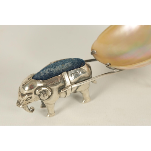 364 - A RARE EDWARD VII SILVER PIN CUSHION IN THE FORM OF AN ELEPHANT PULLING A MOTHER OF PEARL CART by Ad... 