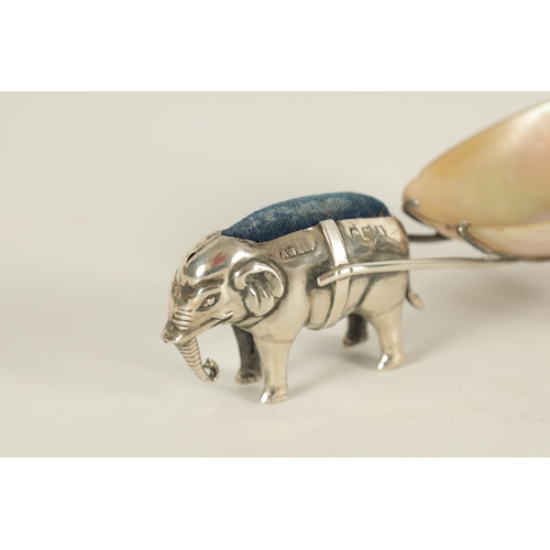 364 - A RARE EDWARD VII SILVER PIN CUSHION IN THE FORM OF AN ELEPHANT PULLING A MOTHER OF PEARL CART by Ad... 