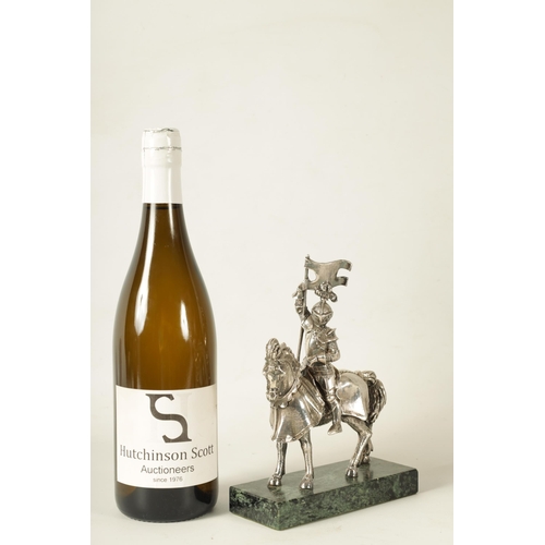 365 - AN EARLY 20TH CENTURY FILLED SILVER KNIGHT ON HORSE BACK mounted on an Antico Verde marble base. (20... 