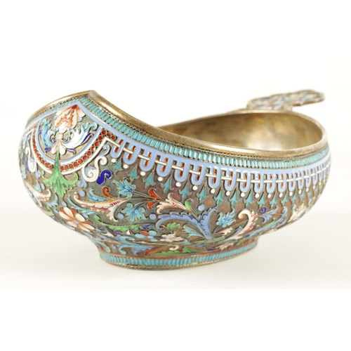 368 - A LARGE 19TH CENTURY IMPERIAL RUSSIAN SILVER-GILT AND CLOISONNE ENAMEL KOVSH of traditional form, wi... 