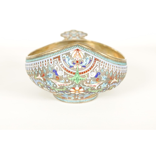 368 - A LARGE 19TH CENTURY IMPERIAL RUSSIAN SILVER-GILT AND CLOISONNE ENAMEL KOVSH of traditional form, wi... 