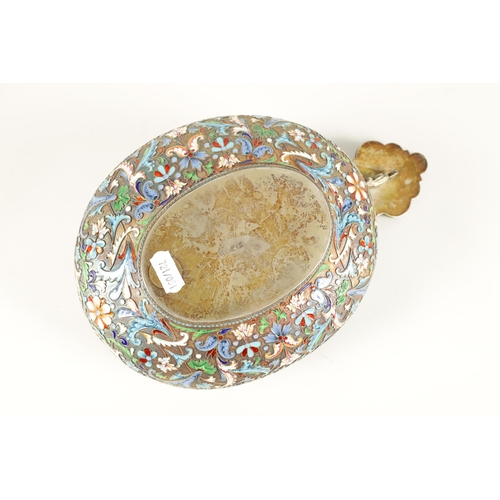 368 - A LARGE 19TH CENTURY IMPERIAL RUSSIAN SILVER-GILT AND CLOISONNE ENAMEL KOVSH of traditional form, wi... 