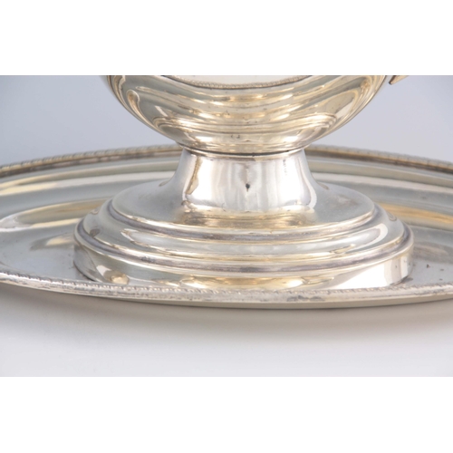 370 - A LARGE PAIR OF 19TH CENTURY SILVER PLATED SAUCE BOATS ON FIXED STANDS with feathered borders 25cm w... 