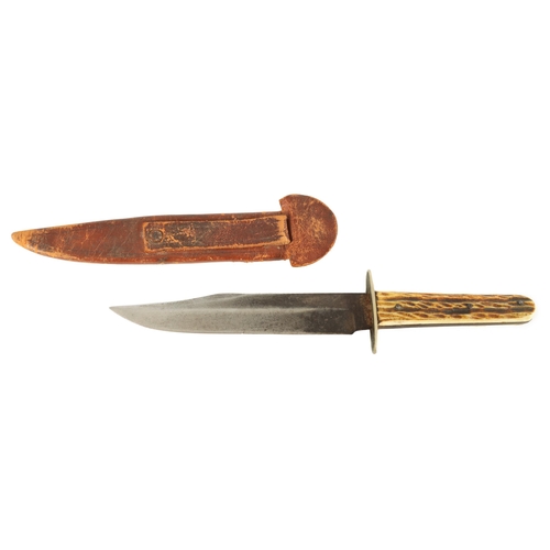 379 - A LATE 19TH CENTURY STAG HORN HANDLED BOWIE KNIFE with nickel guard and single edged steel blade wit... 