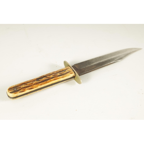 379 - A LATE 19TH CENTURY STAG HORN HANDLED BOWIE KNIFE with nickel guard and single edged steel blade wit... 