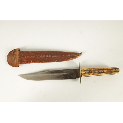 379 - A LATE 19TH CENTURY STAG HORN HANDLED BOWIE KNIFE with nickel guard and single edged steel blade wit... 