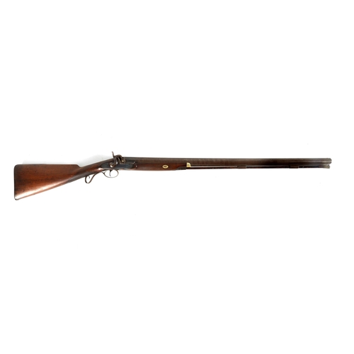 380 - A MID 19TH CENTURY SINGLE BARREL 10 BORE PERCUSSION SPORTING GUN having an octagonal to round browne... 