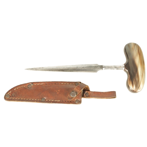 381 - A LATE 19TH CENTURY PUSH DAGGER WITH SHAPED HORN HANDLE the curved tapering steel blade stamped THO.... 