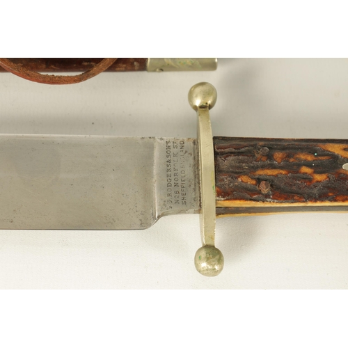 387 - AN ENGLISH STAG HORN HANDLED BOWIE KNIFE BY JOSEPH RODGERS & SONS, with a nickel guard and vacant ov... 