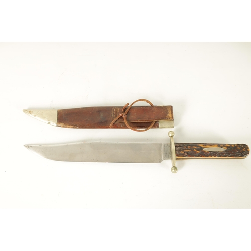 387 - AN ENGLISH STAG HORN HANDLED BOWIE KNIFE BY JOSEPH RODGERS & SONS, with a nickel guard and vacant ov... 