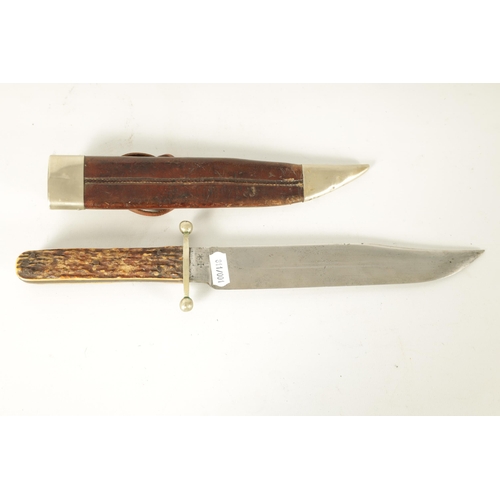 387 - AN ENGLISH STAG HORN HANDLED BOWIE KNIFE BY JOSEPH RODGERS & SONS, with a nickel guard and vacant ov... 