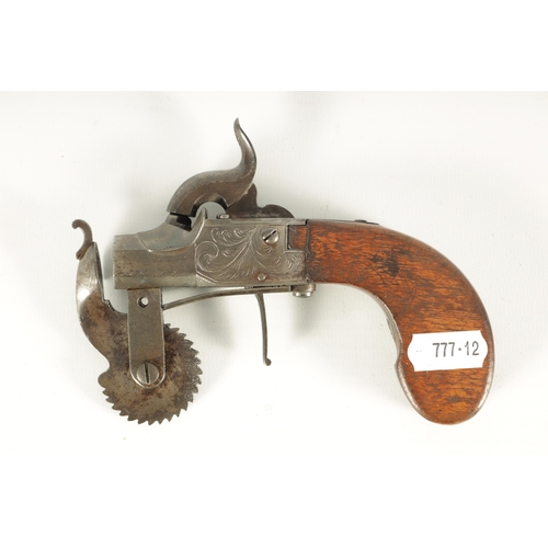 396 - A MID 19TH CENTURY PERCUSSION POWDER-TESTER of box-lock pistol form, with scroll engraved action, to... 