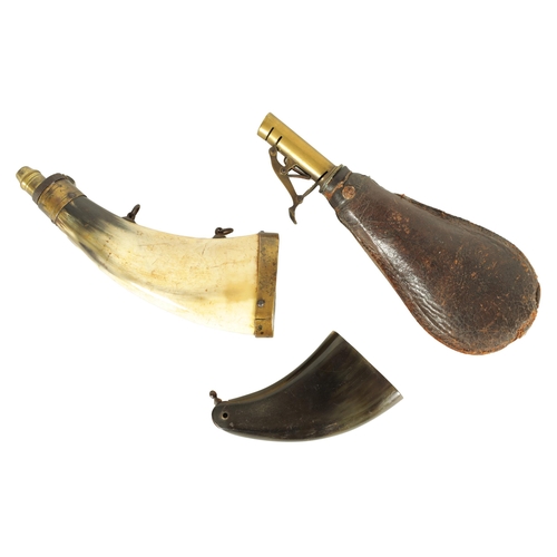 406 - THREE 19TH CENTURY POWDER FLASKS comprising two of horn and one leather. (21cm overall and smaller )