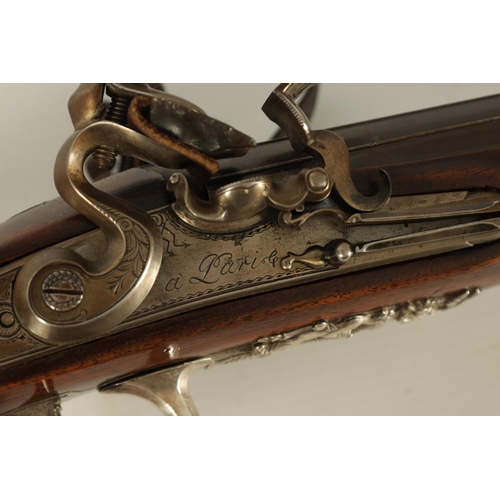 416 - A FINE EARLY 19TH CENTURY PRESENTATION TYPE SILVER MOUNTED DOUBLE BARREL FLINTLOCK SHOTGUN BY LEPAGE... 