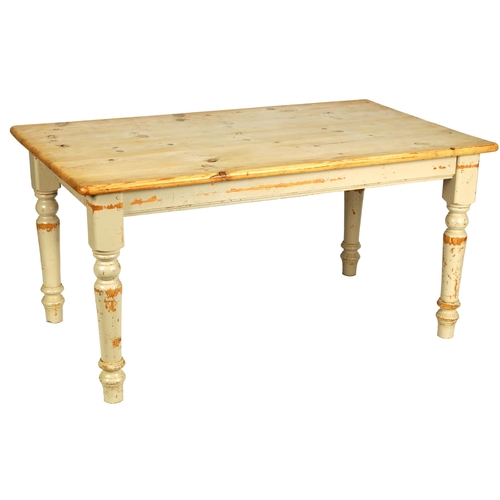 1199 - A 20TH CENTURY PINE FARMHOUSE DINING TABLE with bleached plank top above a painted base standing on ... 