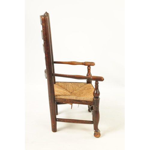 1200 - A 19TH CENTURY ASH AND ELM LADDER BACK CHILDS CHAIR with rushwork seat (44.5cm wide 83cm high )