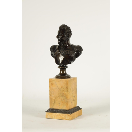 754 - AN EARLY 19TH CENTURY BRONZE BUST OF THE DUKE OF WELLINGTON on a sienna marble plinth with bronze co... 