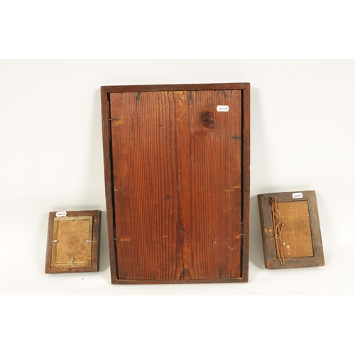 757 - A 19TH CENTURY OAK FRAMED MIRROR TOGETHER WITH A BIRDS EYE MAPLE MINIATURE PORTRIAT FRAME AND A FRAM... 