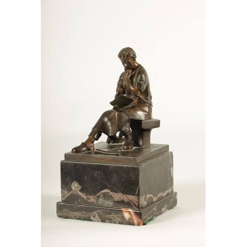 761 - AN EARLY 20TH CENTURY FIGURAL BRONZE SCULPTURE OF AN INDUSTRIALIST the seated figure by a wheel read... 