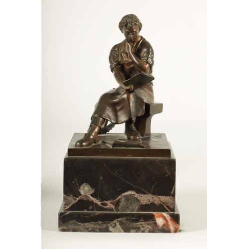 761 - AN EARLY 20TH CENTURY FIGURAL BRONZE SCULPTURE OF AN INDUSTRIALIST the seated figure by a wheel read... 