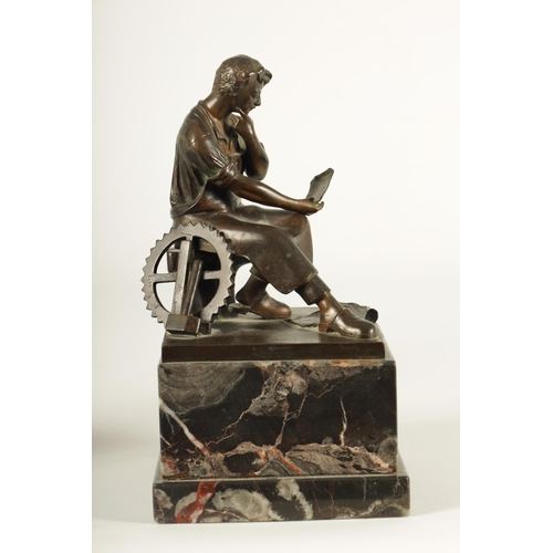 761 - AN EARLY 20TH CENTURY FIGURAL BRONZE SCULPTURE OF AN INDUSTRIALIST the seated figure by a wheel read... 