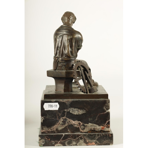 761 - AN EARLY 20TH CENTURY FIGURAL BRONZE SCULPTURE OF AN INDUSTRIALIST the seated figure by a wheel read... 