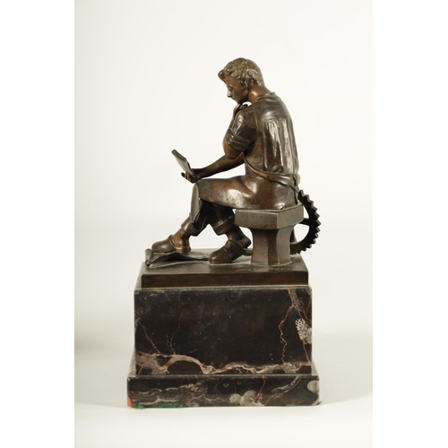 761 - AN EARLY 20TH CENTURY FIGURAL BRONZE SCULPTURE OF AN INDUSTRIALIST the seated figure by a wheel read... 