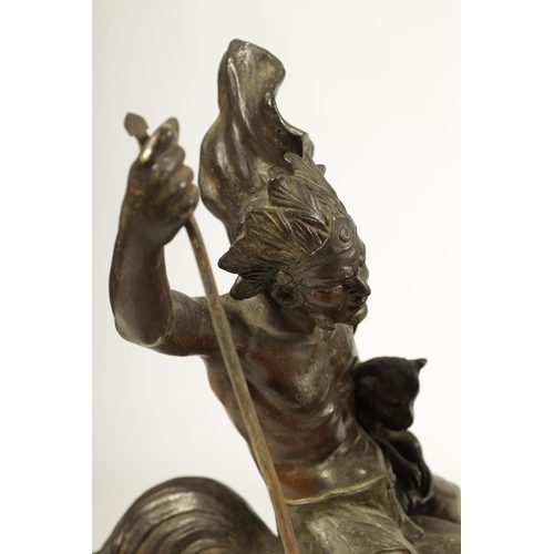 762 - A 19TH CENTURY BRONZE HORSE AND FIGURAL SCULPTURE of Odin the god of wolves - mounted on a veined gr... 