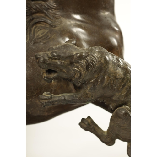 762 - A 19TH CENTURY BRONZE HORSE AND FIGURAL SCULPTURE of Odin the god of wolves - mounted on a veined gr... 