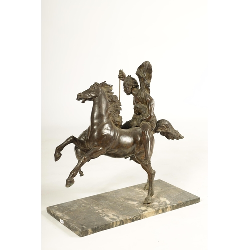 762 - A 19TH CENTURY BRONZE HORSE AND FIGURAL SCULPTURE of Odin the god of wolves - mounted on a veined gr... 