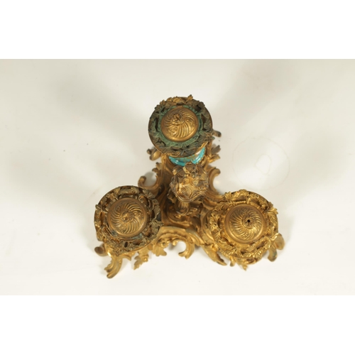 769 - A 18TH CENTURY FRENCH ROCOCO ORMOLU AND SERVES STYLE TRIPLE INKSTAND or ornate scrolled leaf cast de... 