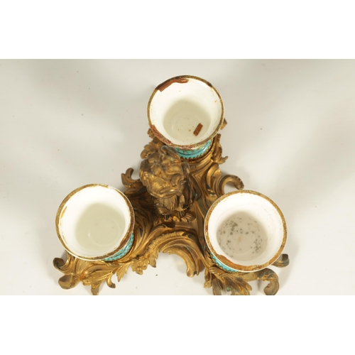 769 - A 18TH CENTURY FRENCH ROCOCO ORMOLU AND SERVES STYLE TRIPLE INKSTAND or ornate scrolled leaf cast de... 