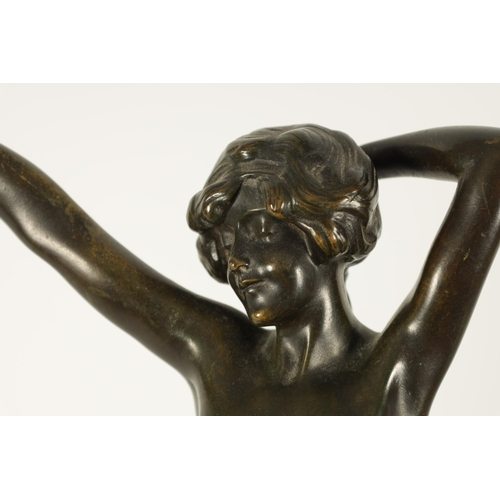 770 - AFTER PAUL PHILIPPE A FINELY PATINATED ART DECO FIGURAL BRONZE STATUE of a young outstretched female... 