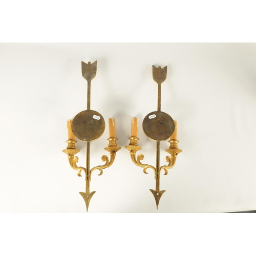 771 - A FINE PAIR OF 19TH CENTURY FRENCH EMPIRE STYLE TWO BRANCH ORMOLU AND BRONZE WALL LIGHTS modelled as... 