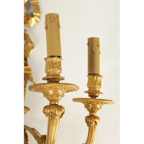 772 - A FINE LARGE PAIR OF 19TH CENTURY FRENCH EMPIRE STYLE ORMOLU THREE BRANCH WALL LIGHTS the arrow and ... 